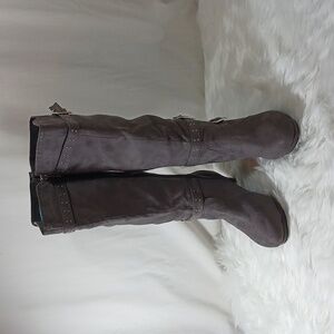 Ashley Stewart Faux Suede, Sz 8W, Gray, Zippered Heeled Boots